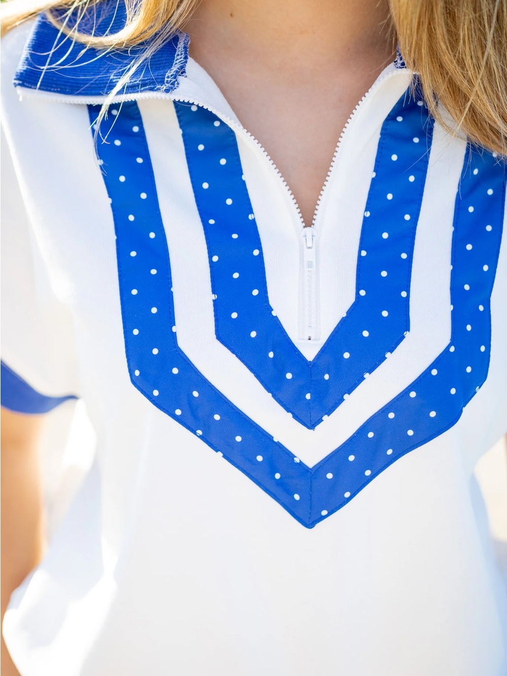 Peach Love California White Short Sleeve Top with Blue Chevron Trim
